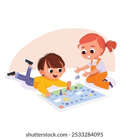 Children sitting on a floor play table games. Kids having fun while playing board game. Spending time playing tabletop games. Vector illustration.