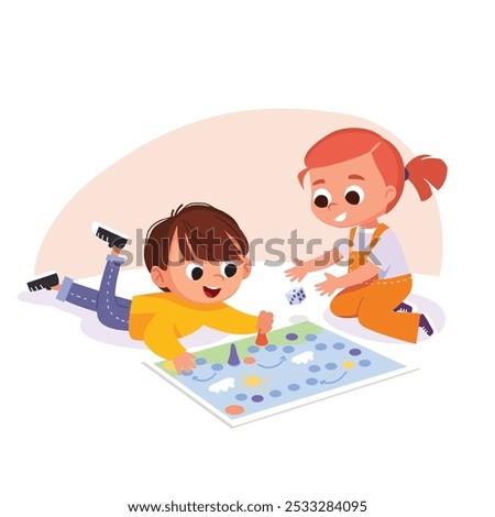 Children sitting on a floor play table games. Kids having fun while playing board game. Spending time playing tabletop games. Vector illustration.