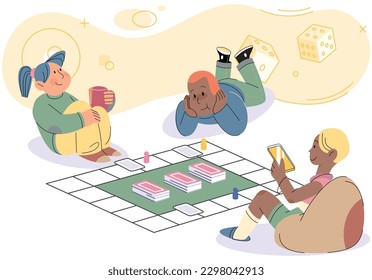 Children sitting on floor and playing together board game at home. Happy family in room interior plays card role-playing game, joint collective hobby parents and children chips and cards on table