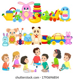 Children sitting on floor vector, toys for kids flat style. Boys and girls, plush rabbit and turtle made of plastic material, duck and cubes horse and bear