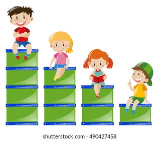 Kinder, die auf grünen Boxen sitzen, Illustration