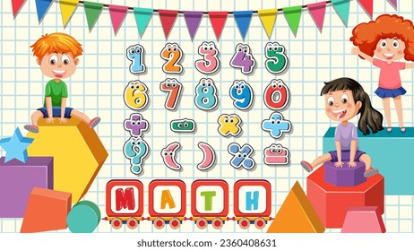 Niños sentados sobre formas matemáticas: Ilustración de número de enseñanza y símbolo matemático