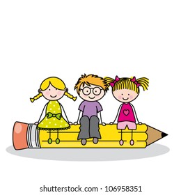 children sitting on a pencil. Funny vector, isolated on white background