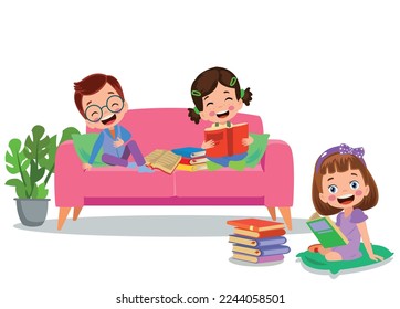 children sitting on sofa reading a book