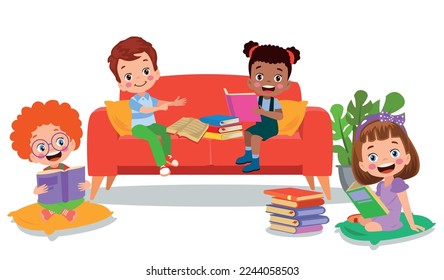 children sitting on sofa reading a book