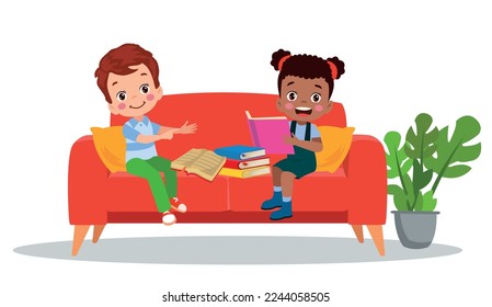 children sitting on sofa reading a book