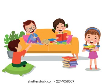 children sitting on sofa reading a book