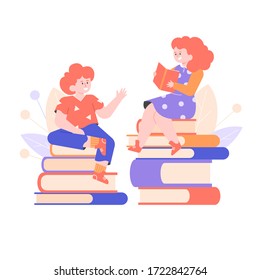 Children are sitting on stacks of books. Education and hobbies, development of imagination. A girl reads, a boy tells a story. Vector flat illustration with characters.