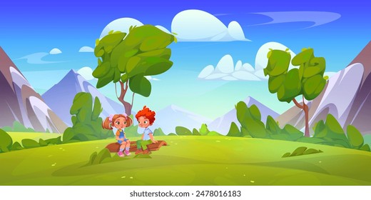 Niños sentados en las montañas Iniciar sesión de los árboles. Ilustración de dibujos animados de Vector de niño y niña feliz que se divierten juntos en la colina verde con hierba y árboles, picos rocosos bajo el cielo azul soleado, amistad de verano