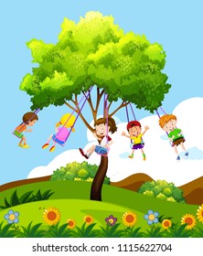 Children Sitting on Tree Swing illustration