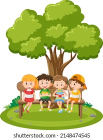 Children sitting on a wooden bench illustration