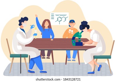 Children sitting and playing cards together. Chemical research in lab. Guy drips from pipette into a test tube. Woman working with the equipment on the table. Scientist looking through a microscope