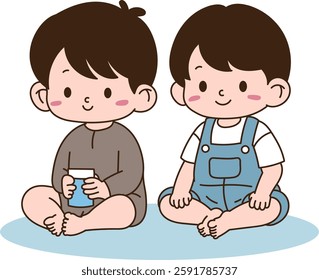 Children sitting and playing on the floor. minimal line art vector illustration.