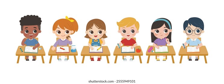 Children sitting at school desk and doing homework.