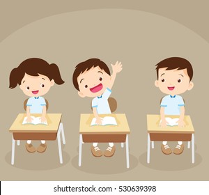 Children Sitting At School Desk And Hand Up To Answer.pupil Raising Hand In Class.