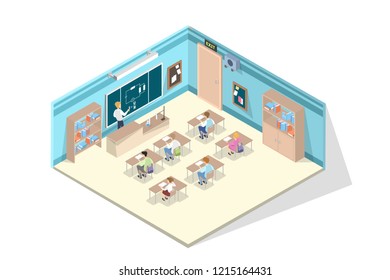 Children sitting in the school on physics lesson. Idea of education and science. Teacher writing on the blackboard. Empirical experiment. Isolated vector isometric illustration