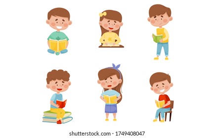 Children Sitting and Standing Reading Book Vector Illustrations Set