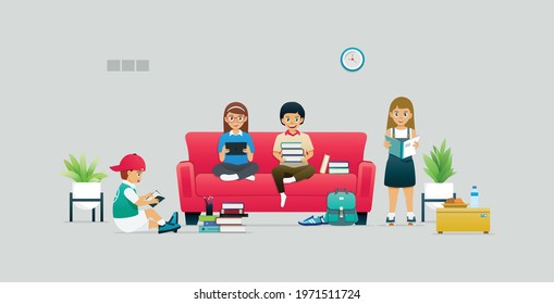 Children sitting and standing reading books against a gray background