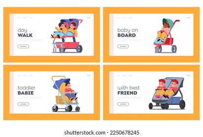 Children Sitting in Strollers Landing Page Template Set. Cute Toddlers Boys and Girls Characters Sit in Prams, Baby Carriage for Walking on Street. Cartoon People Vector Illustration