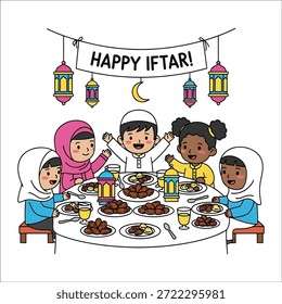 Niños sentados en una mesa con varios alimentos y bebidas iftar bajo un Anuncio con linternas