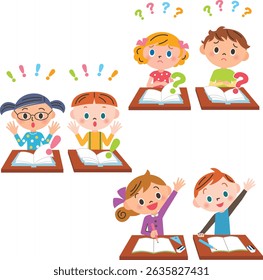 Children sitting at their desks thinking about their studies, raising their hands, and having an idea