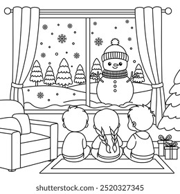 The children are sitting and watching the snow fall and the snowman through the window coloring page. Christmas and Winter Illustration