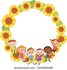 Los niños están sentados y saludando en un marco redondo de girasoles
