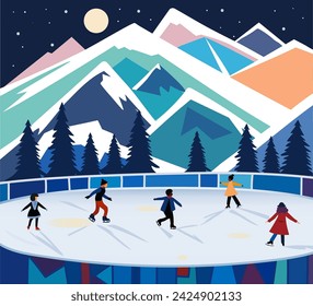 Children skate on a ice rink. Landscape with mountains, forest, night sky and moon. vector hand drawn illustration.