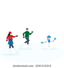 Children skate on an ice rink with a snowman