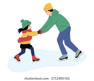 Niños patinan sobre hielo mientras se toman de las manos en una escena de invierno durante el día en una pista local