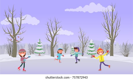 children skate on the lake. Vector illustration, a flat style design.