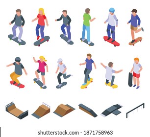 Children skateboarding icons set. Isometric set of children skateboarding vector icons for web design isolated on white background