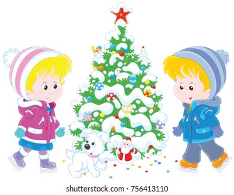 Children skating around a Christmas tree