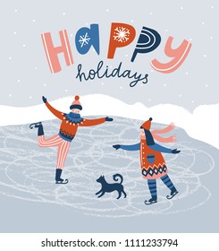 Children skating. Card with lettering - 'Happy Holidays '. Winter holiday poster or season's greeting card. Vector Christmas illustration.