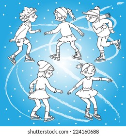 Children skating. Christmas season. Winter activities. Blake outline. Monochrome. Isolated objects on Snow Winter background. Great illustration for school books and more. VECTOR.