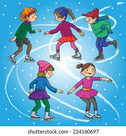 Children skating. Christmas season. Winter activities. Isolated objects on Snow Winter background. Great illustration for school books and more. VECTOR.