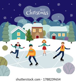 Children are skating on a frozen lake. Winter village with a houses, trees and a Christmas tree. Merry Christmas. Vector illustration