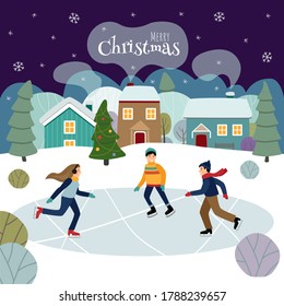 Children are skating on a frozen lake. Winter village with a houses, trees and a Christmas tree. Merry Christmas. Vector illustration