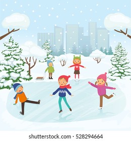 Children are skating in the park on the background of snowy city. Vector illustration