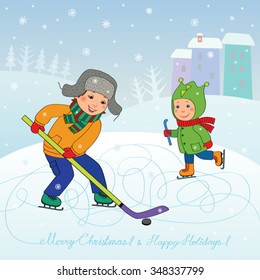 Children at the skating rink, a boy with hockey stick plays hockey and a little boy to skate, away houses and trees, snow falls, vector card with a wish - Merry Christmas and Happy Holidays.
