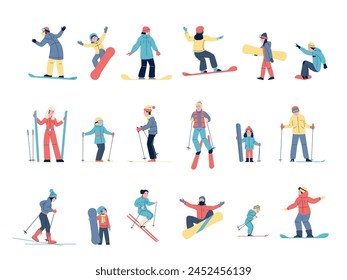 Children skiers. Different ski resort characters. Winter outdoor activities, seasonal sport training for healthy adult and kids. Active recent vector set