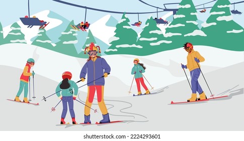 Children Skiers at Winter Mountain Landscape. Happy Kids with Tutor Ride Skis In Alps with Funicular, Blue Sky and Tops Of Rocks. Winter Sport Activities, Skiing Resort. Cartoon Vector Illustration