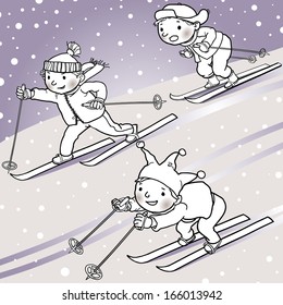 Children skiing down of the hill. Black outline. Winter activities. Isolated objects on Snow Winter background. Great illustration for school books, magazines, advertising and more. VECTOR.