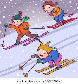 Children skiing down of the hill. Winter activities. Isolated objects on Snow Winter background. Great illustration for school books, magazines, advertising and more. VECTOR.