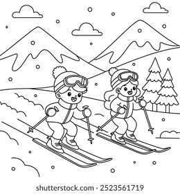 Children skiing down a snowy mountain outline coloring page. Christmas and Winter Illustration 