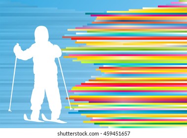 Children skiing kid winter fun vector abstract background illustration with colorful stripes
