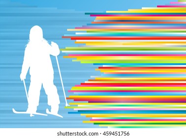 Children skiing kid winter fun vector abstract background illustration with colorful stripes