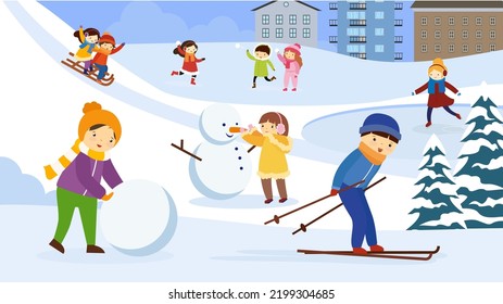 children skiing and making a snowman