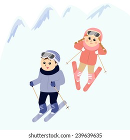 Children skiing in the snowy mountain, vector illustration