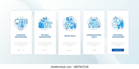 Children skills development onboarding mobile app page screen with concepts. Kindergarten. Child care center. Walkthrough 5 steps graphic instructions. UI vector template with RGB color illustrations